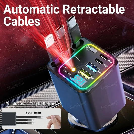 Nuokaiqi 7-In-1 Retractable Car Charger: 120W Max Fast Charging Station with 3 Cables, 4 Ports & 180° Swivel | LED Voltage Display & | Premium Car Accessories for Iphone & Android | Essential Road Trip Gadget & Organizer