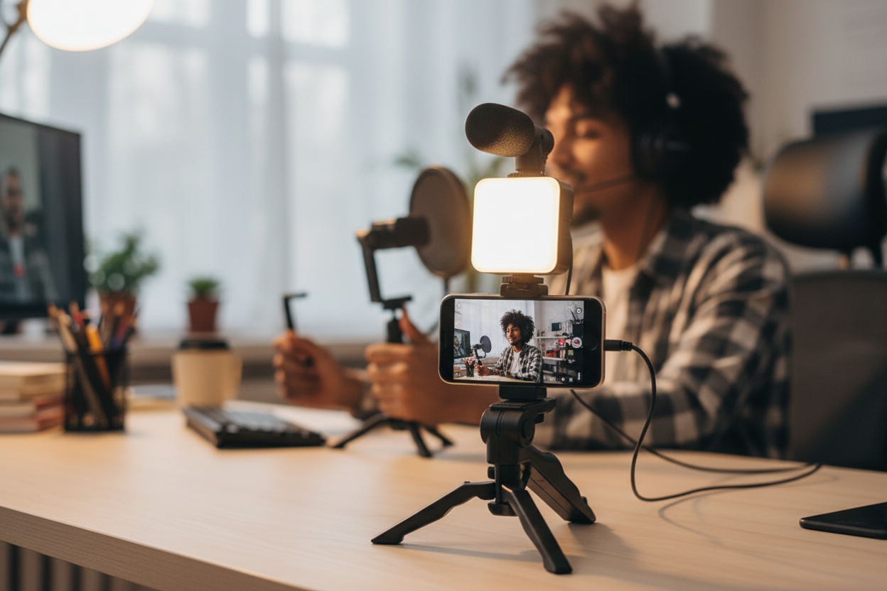 Kit De Vlogging Con Trípode, Luz LED Y Micrófono