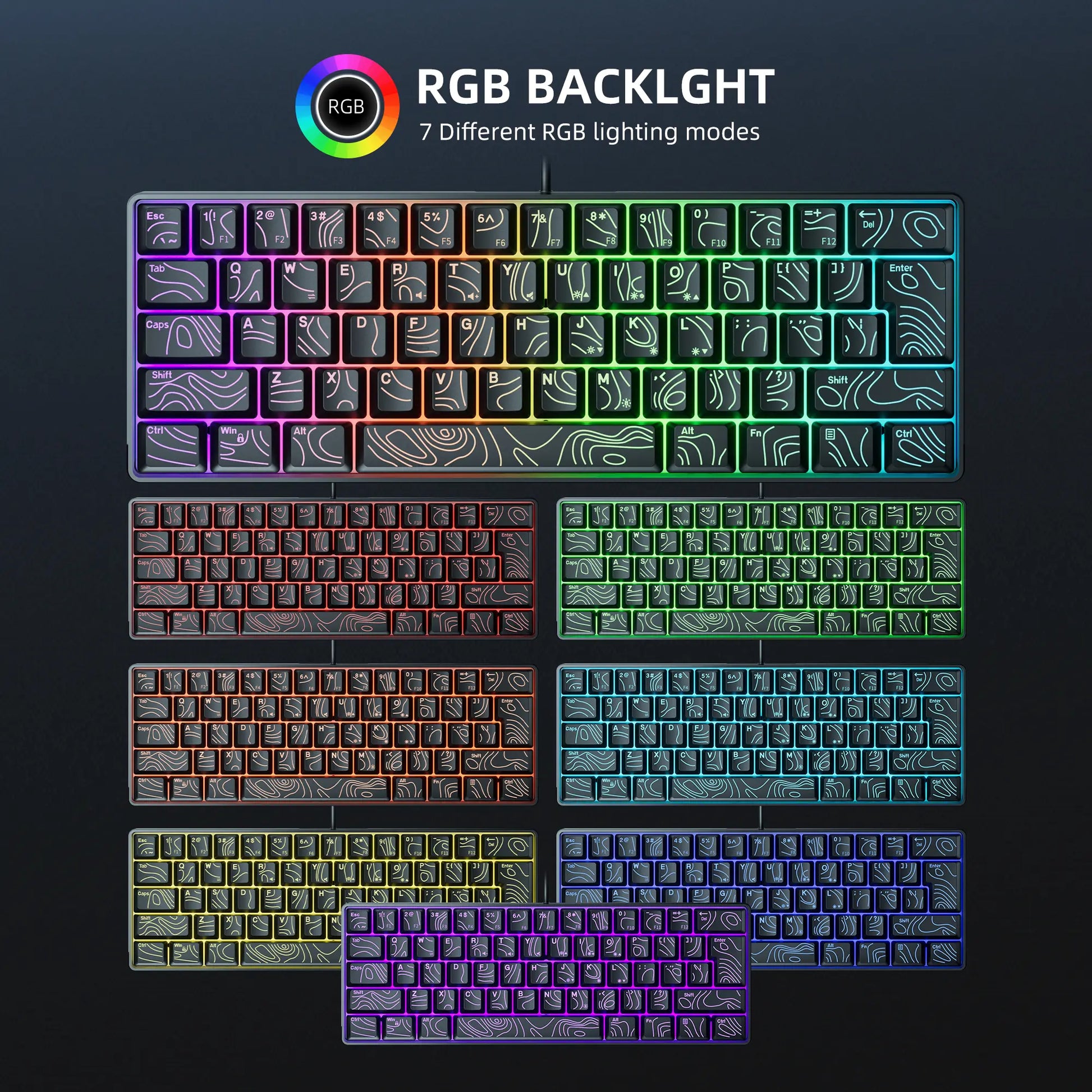 7KEYS Wired 60% Gaming Keyboard, Mini 61 Key RGB, 25 Key anti Ghosting, Ultra Compact and Portable, Compatible with PC, Mac, Laptop (Black Outline Keycaps)