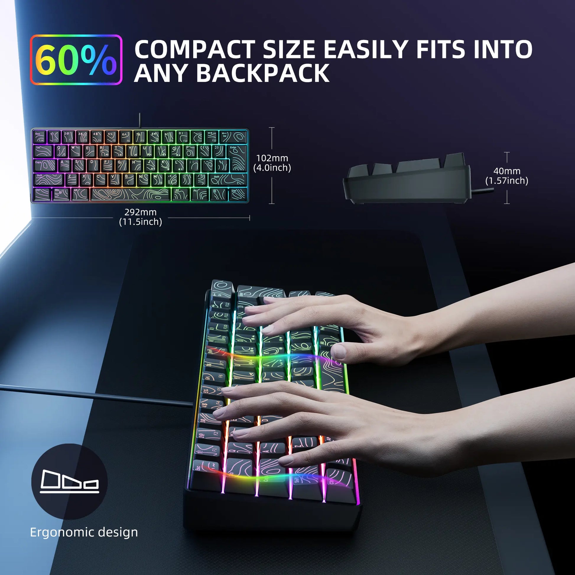 7KEYS Wired 60% Gaming Keyboard, Mini 61 Key RGB, 25 Key anti Ghosting, Ultra Compact and Portable, Compatible with PC, Mac, Laptop (Black Outline Keycaps)