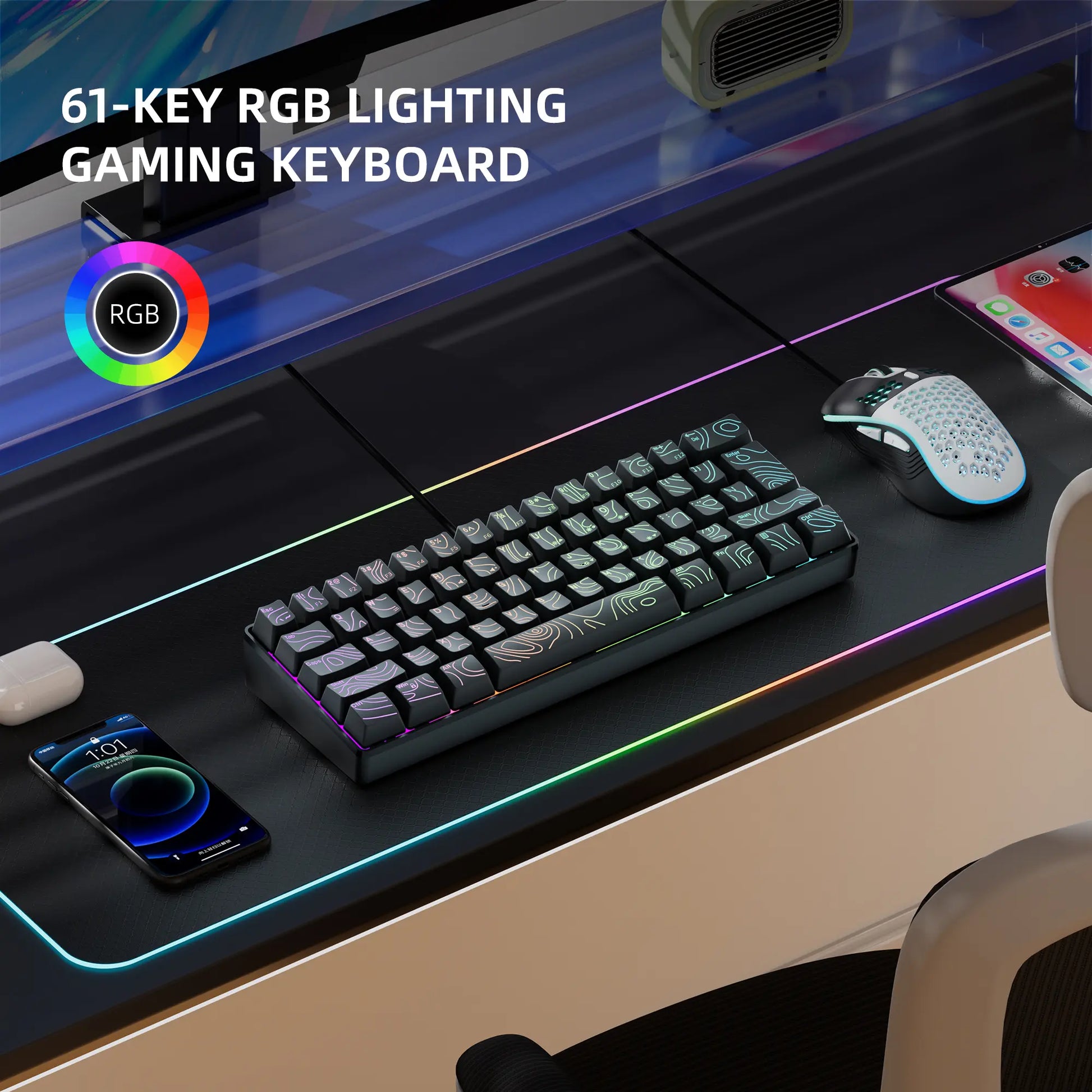 7KEYS Wired 60% Gaming Keyboard, Mini 61 Key RGB, 25 Key anti Ghosting, Ultra Compact and Portable, Compatible with PC, Mac, Laptop (Black Outline Keycaps)