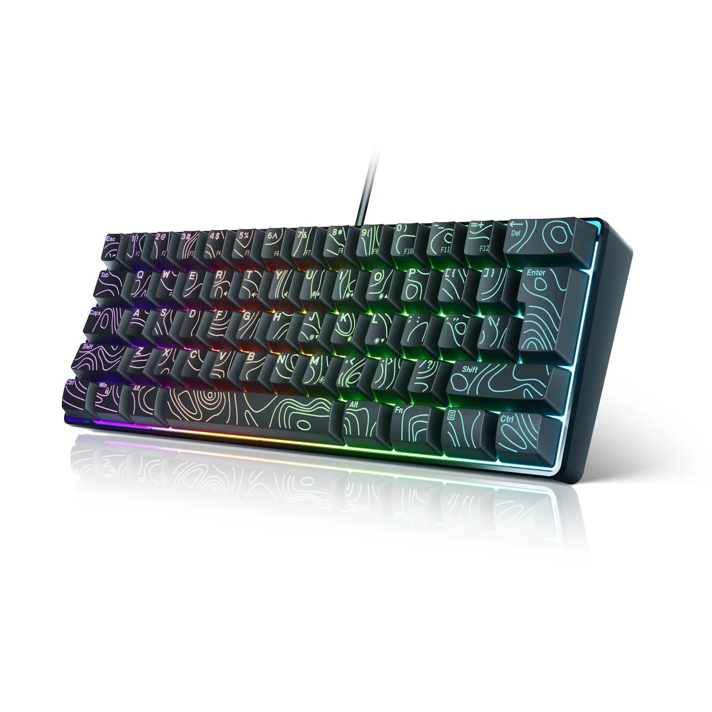 7KEYS Wired 60% Gaming Keyboard, Mini 61 Key RGB, 25 Key anti Ghosting, Ultra Compact and Portable, Compatible with PC, Mac, Laptop (Black Outline Keycaps)