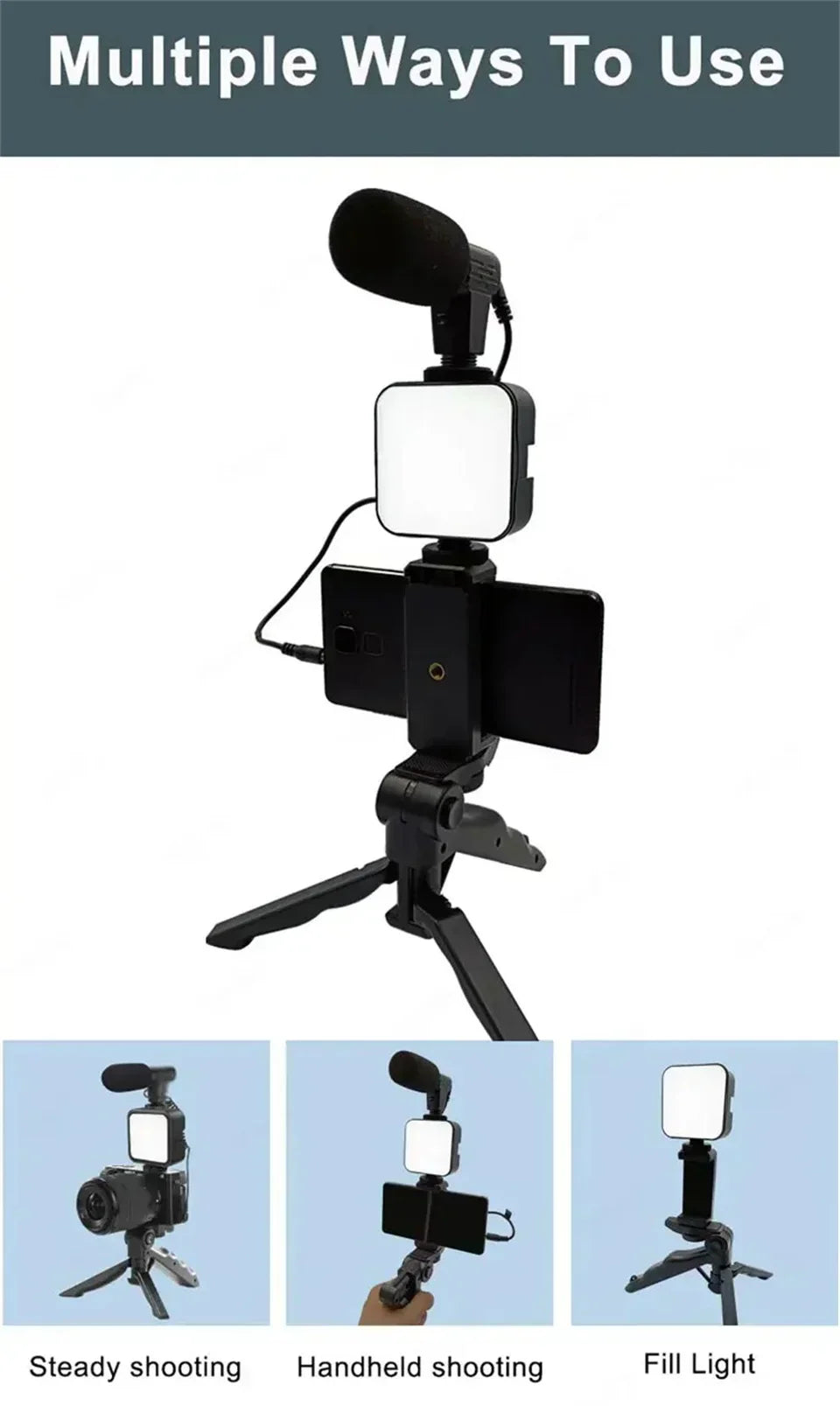 Kit De Vlogging Con Trípode, Luz LED Y Micrófono