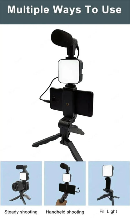 Kit De Vlogging Con Trípode, Luz LED Y Micrófono