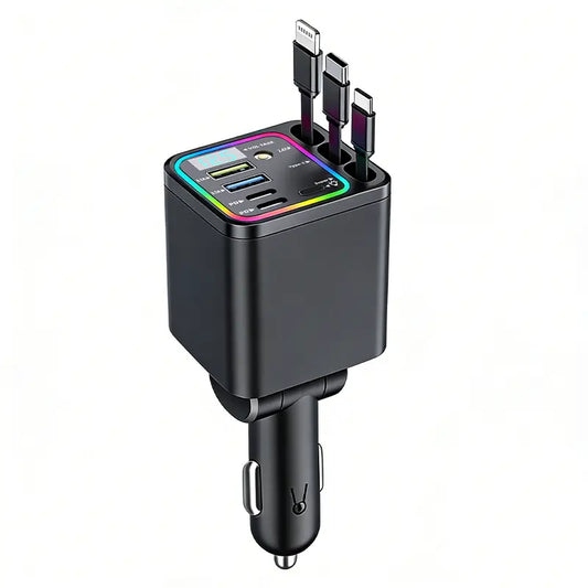 Nuokaiqi 7-In-1 Retractable Car Charger: 120W Max Fast Charging Station with 3 Cables, 4 Ports & 180° Swivel | LED Voltage Display & | Premium Car Accessories for Iphone & Android | Essential Road Trip Gadget & Organizer